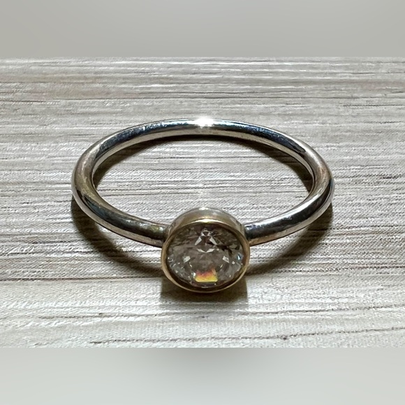 Designer Pandora Sterling Silver & 14k Gold Set Cubic Zirconia Ring, Size 6.5 - Picture 3 of 12